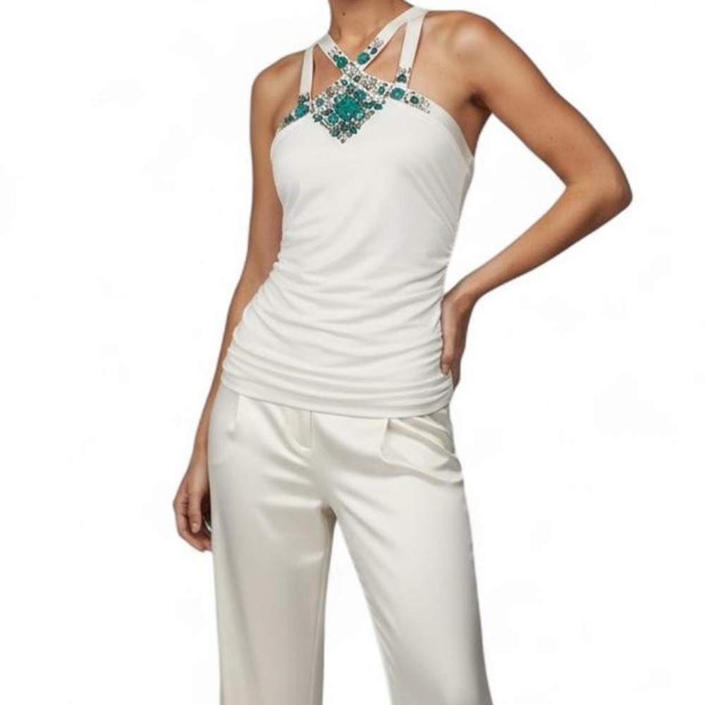 Cache white halter with turquoise accents